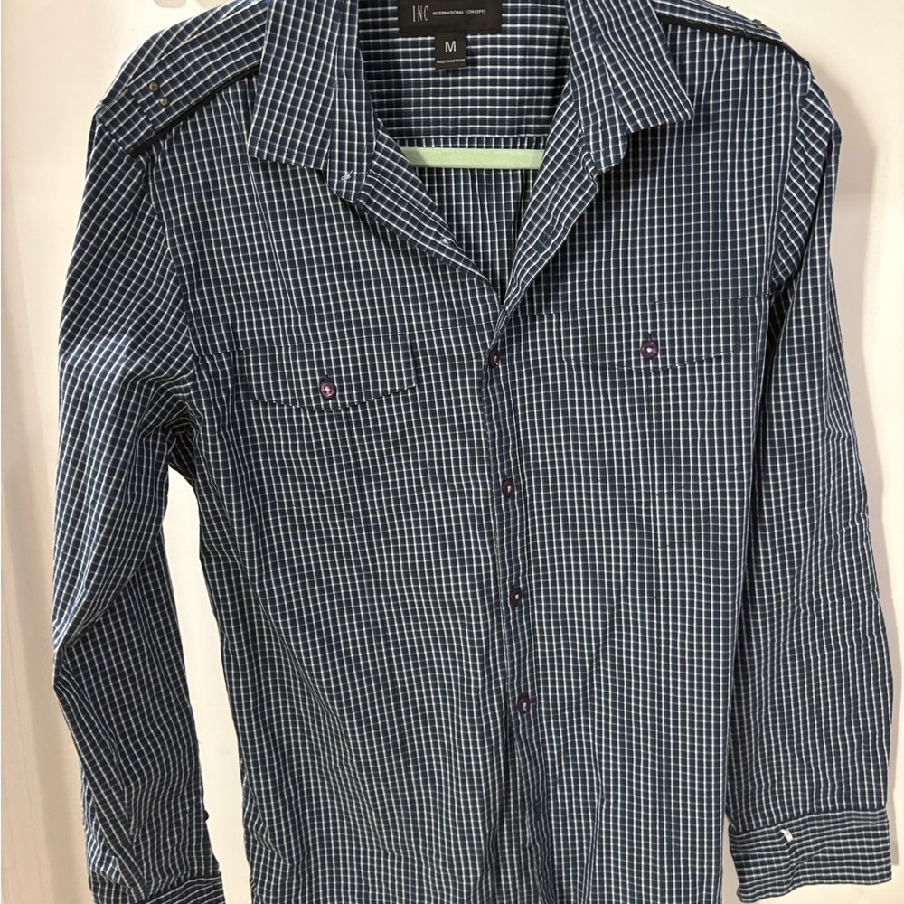 INC International Concepts Navy and White Check Long-Sleeve Button-Up Shirt